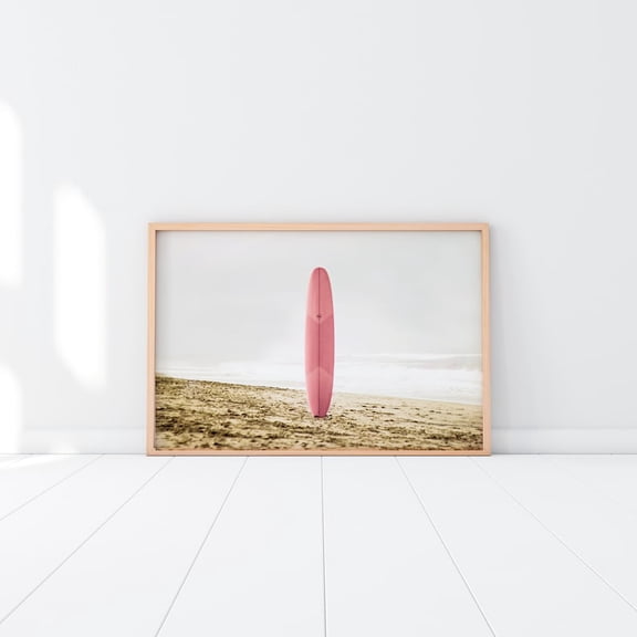 Pink Surfboard Poster Horizontal Beach Decor Surf Art Landscape Photo Decor, Unframed Paper Poster 8x10in