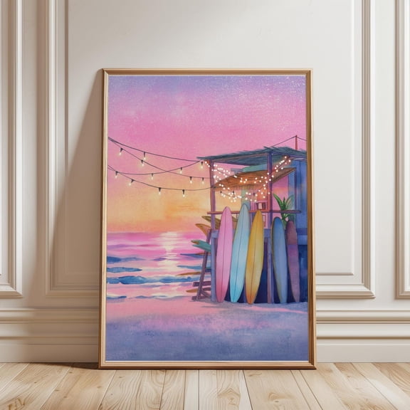 Pink Surfboard Print, Pastel Surf Poster, Beach Sunset, California Summer Artwork, Preppy Room Decor, Trendy House Wall Art, Colourful Art