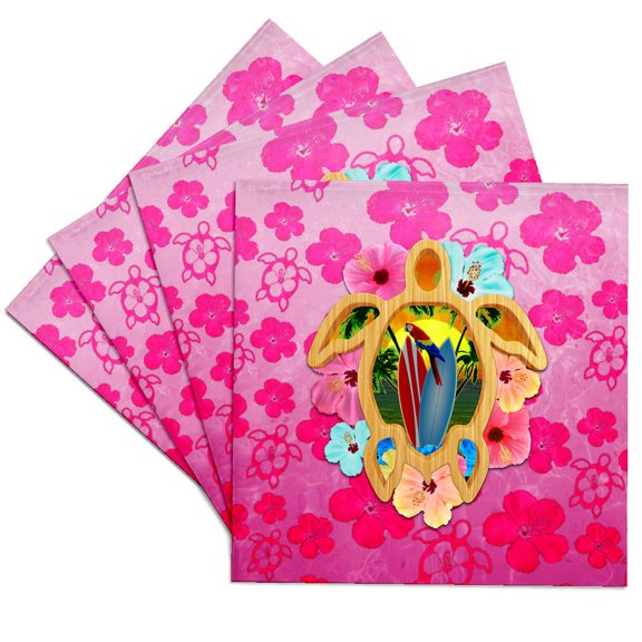 3drose, Pink Surfing Sunset Design with Pink Hibiscus Flowers and Honu., Set of 4 Ceramic Tile Coasters