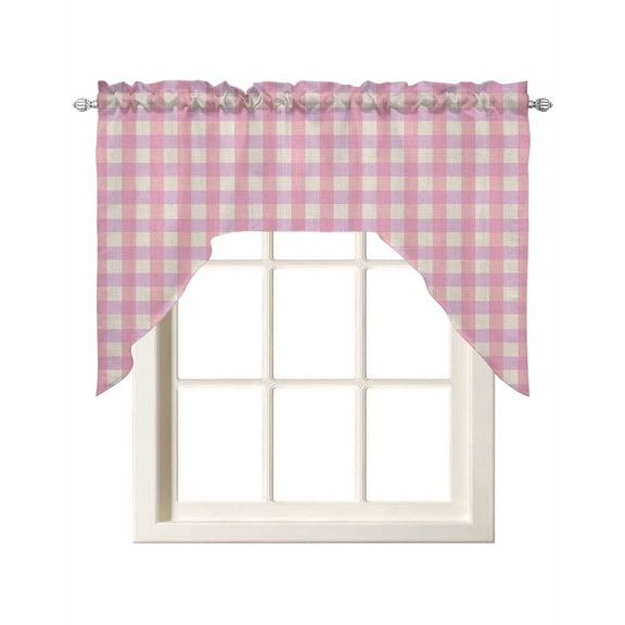 Pink Swag Curtains for Kitchen Grid Checkered Plaid Gingham Lattice Trellis Valances for Windows Rod Pocket Small Window Treatment Short Topper for Cafe Bedroom Bathroom Living Room Decor 56x36 Inch