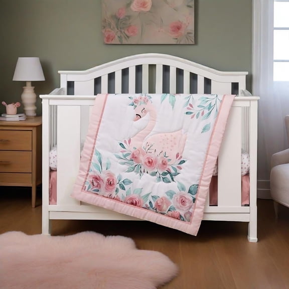 Pink Swan 3 Piece Crib Bedding Set for Baby, Nursery Set