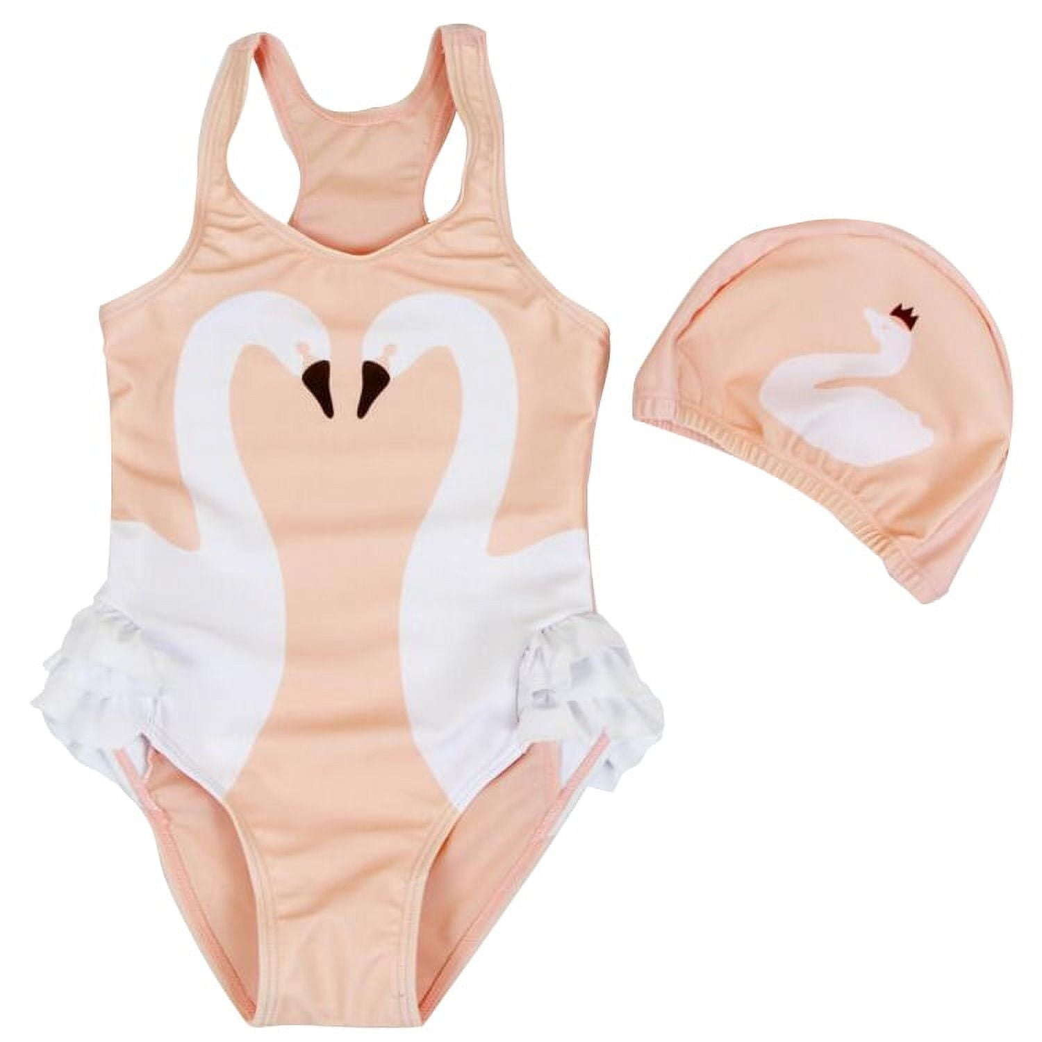 Pink Swan Girls Swimsuit Cute One Piece Swimwear with Swim Hat Set Medium