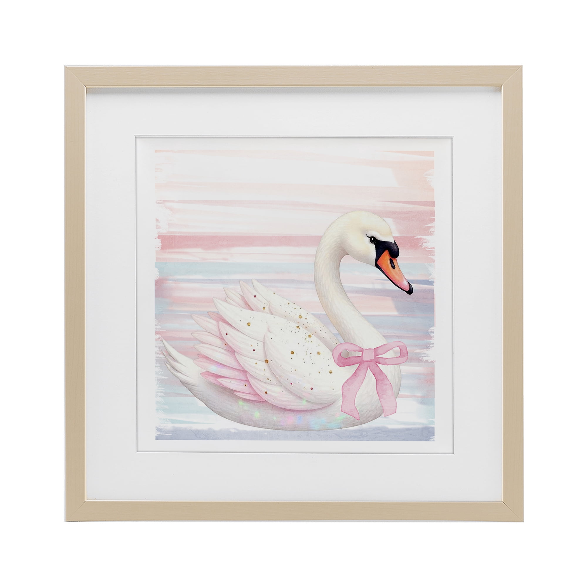 Pink Swan with Ribbon Birch Framed Print Under Glass, design by Kim Allen
