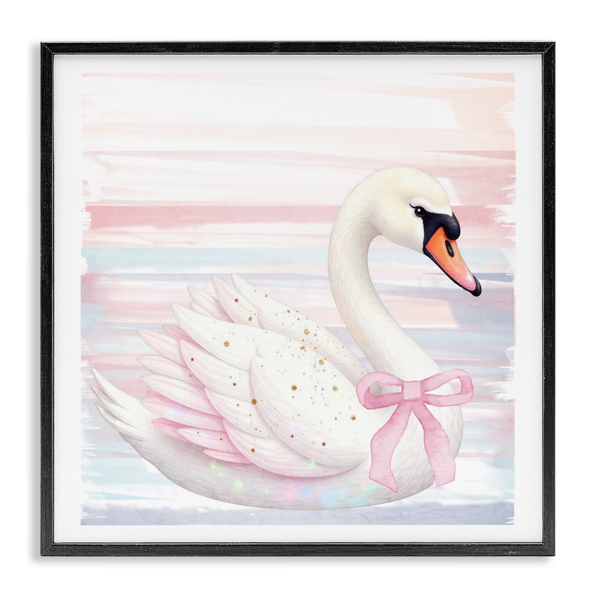 Pink Swan with Ribbon Black Framed Giclee Art, design by Kim Allen