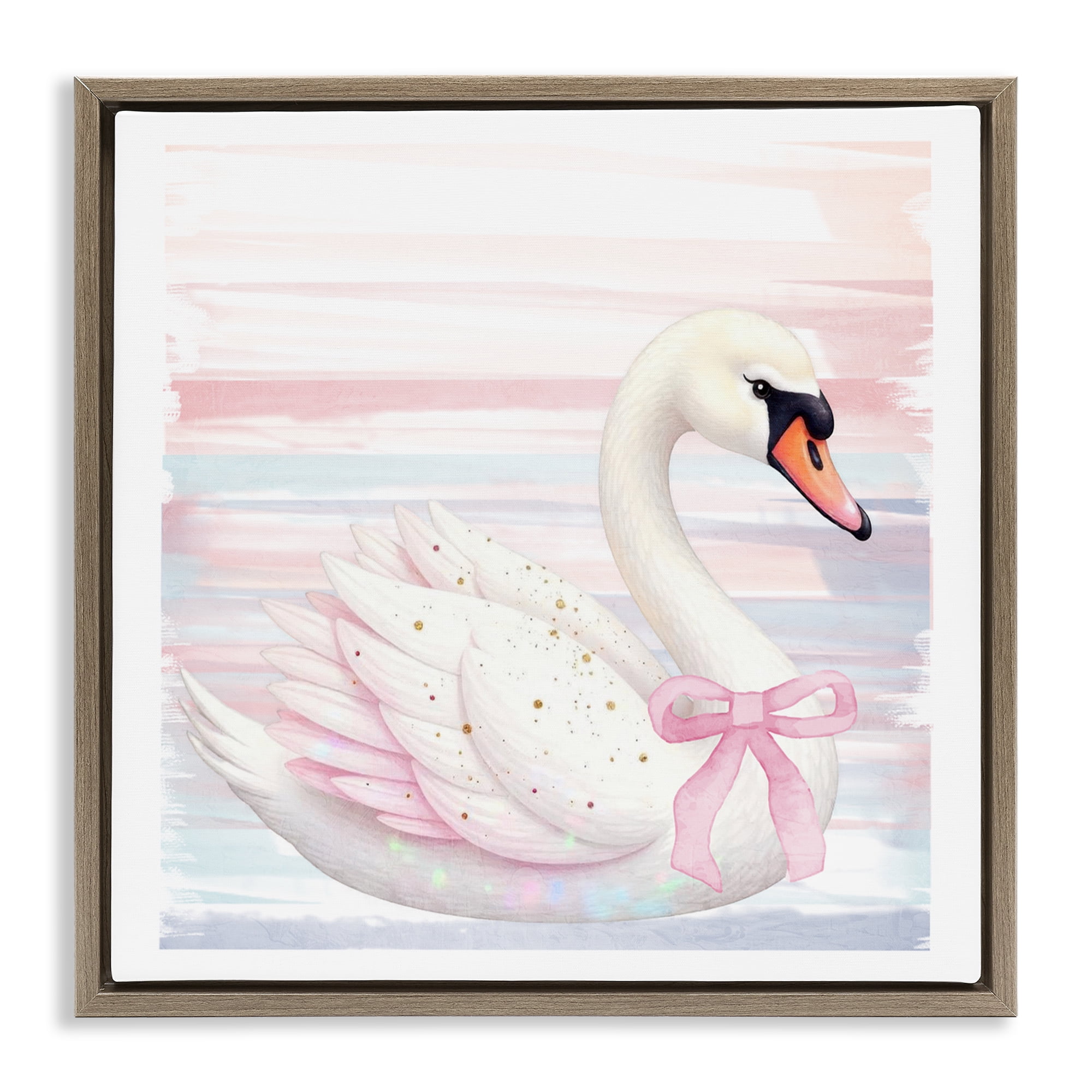 Pink Swan with Ribbon Brown Framed Floater Canvas Wall Art, design by Kim Allen