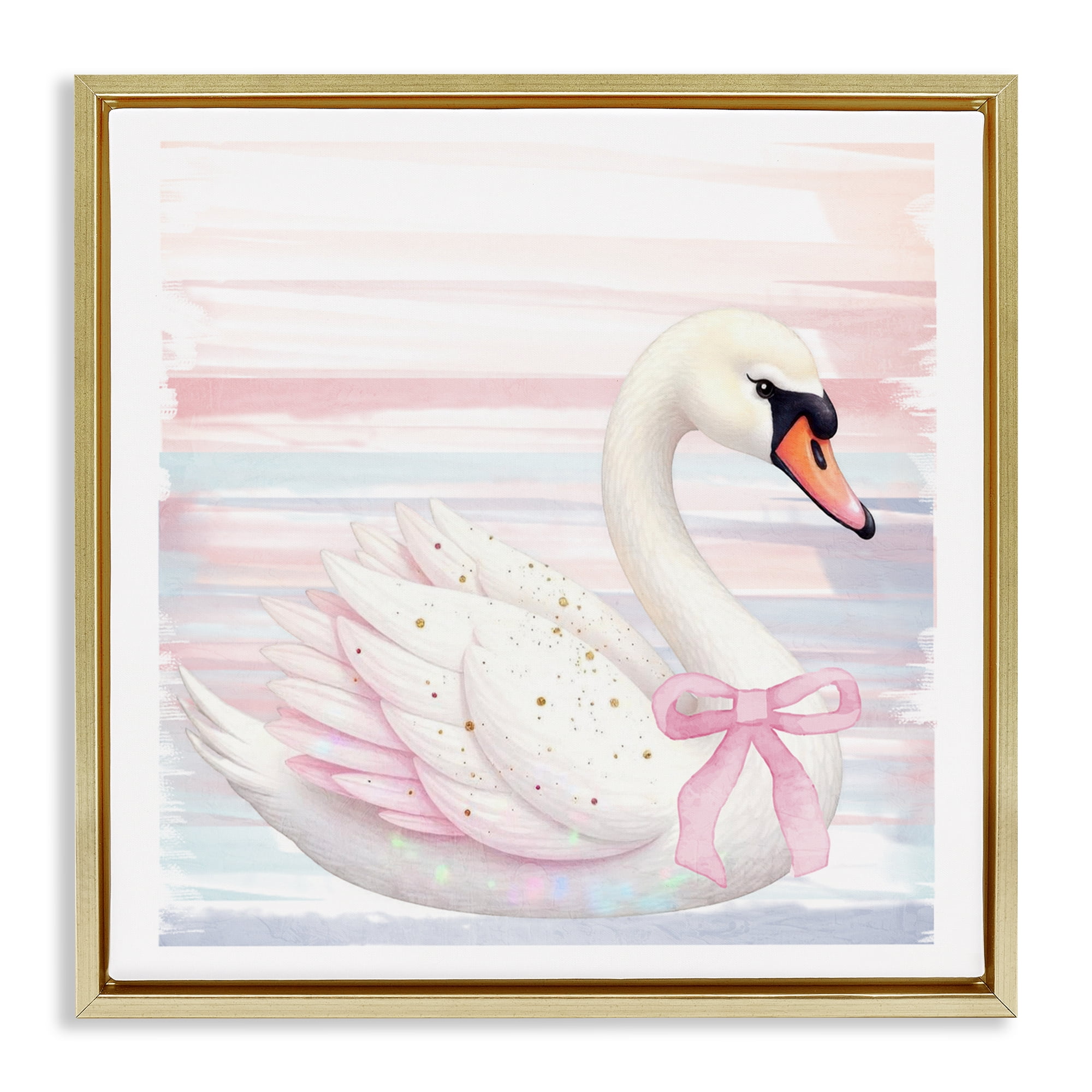 Pink Swan with Ribbon Gold Framed Floater Canvas Wall Art, design by Kim Allen