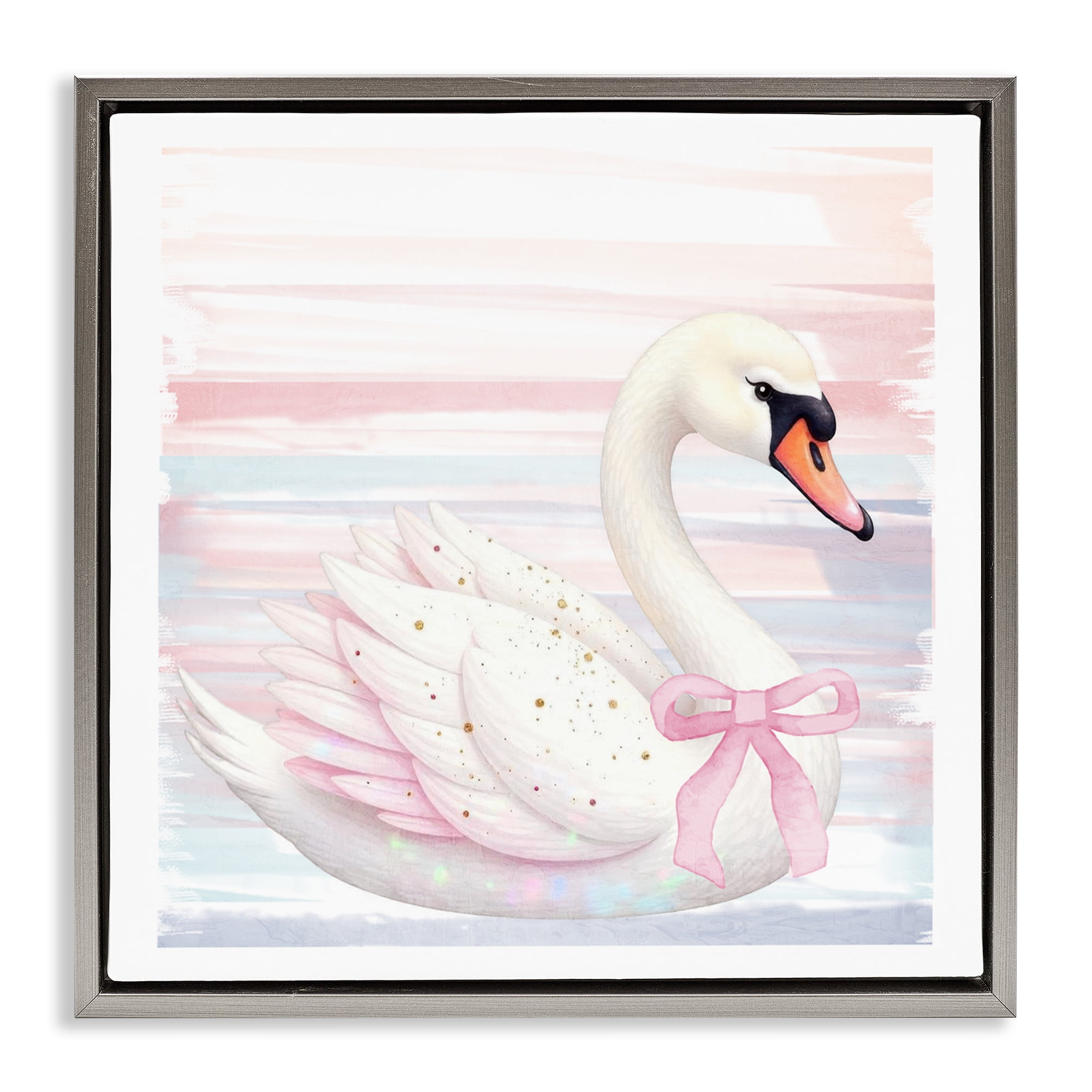 Pink Swan with Ribbon Gray Framed Floater Canvas Wall Art, design by Kim Allen