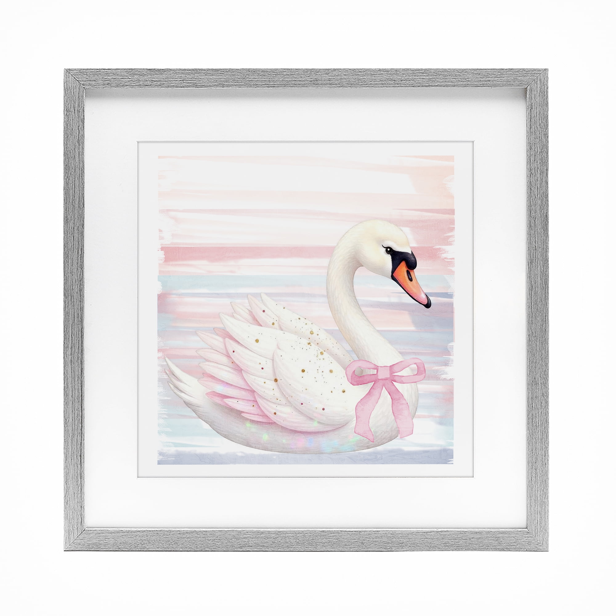 Pink Swan with Ribbon Gray Framed Print Under Glass, design by Kim Allen