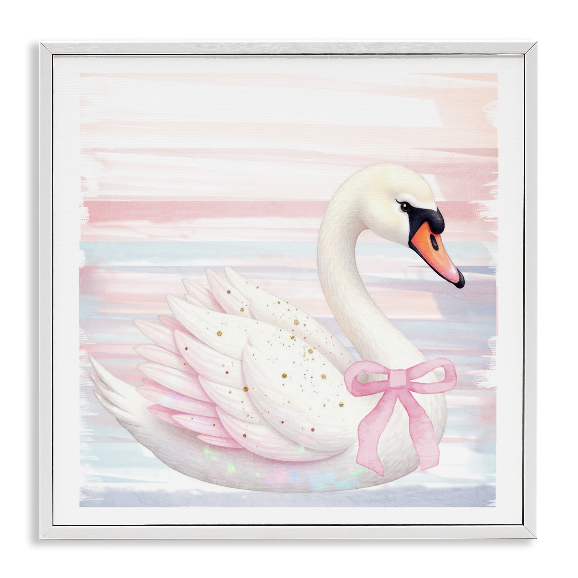 Pink Swan with Ribbon White Framed Giclee Art, design by Kim Allen