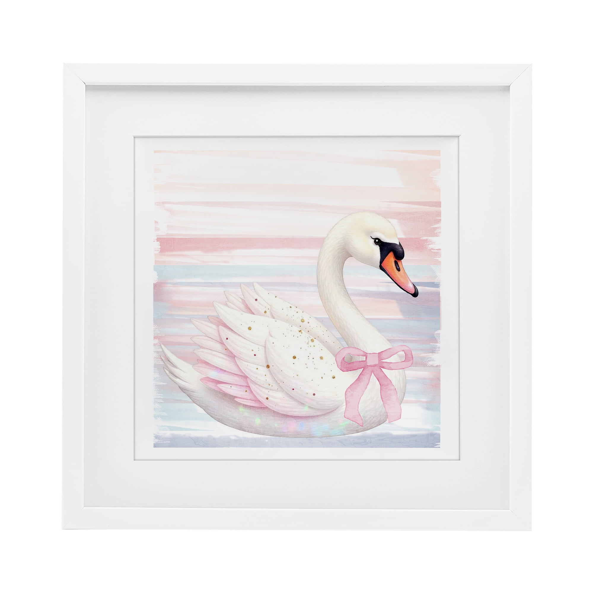 Pink Swan with Ribbon White Framed Print Under Glass, design by Kim Allen