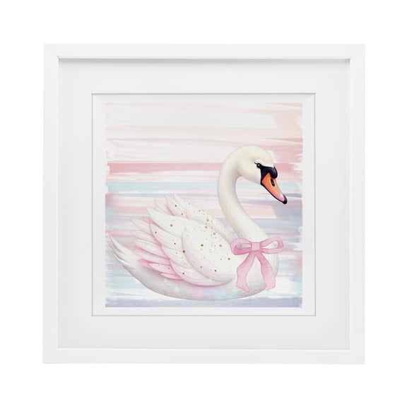 Pink Swan with Ribbon White Framed Print Under Glass, design by Kim Allen