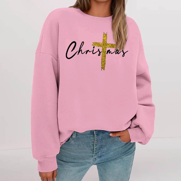 Pink Sweaters for Women's Christmas Glitter Graphic Sweatshirt Long Sleeve Crew Neck Casual Holiday Pullover Top Womens Fall Fashion Must Haves
