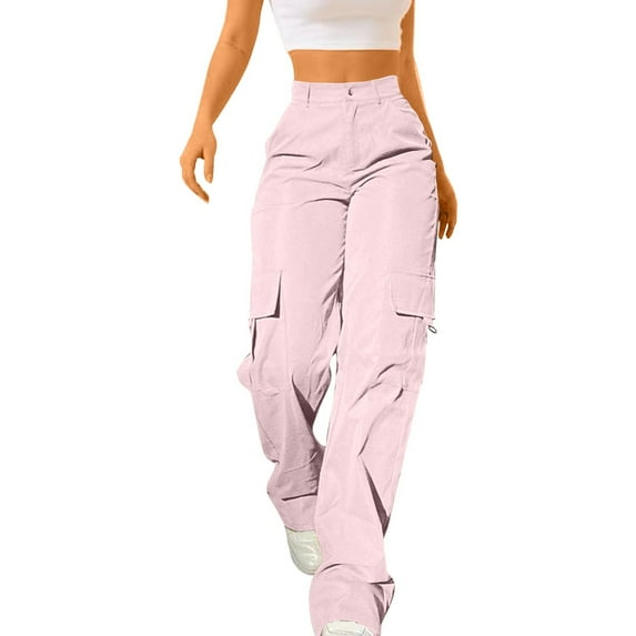 Pink Sweatpants Women, Women's Pants, Womens Daily Elastic Waist Pockets Straight Solid Color Casual Pants Loose Pockets Cargo Long Trousers, XXL