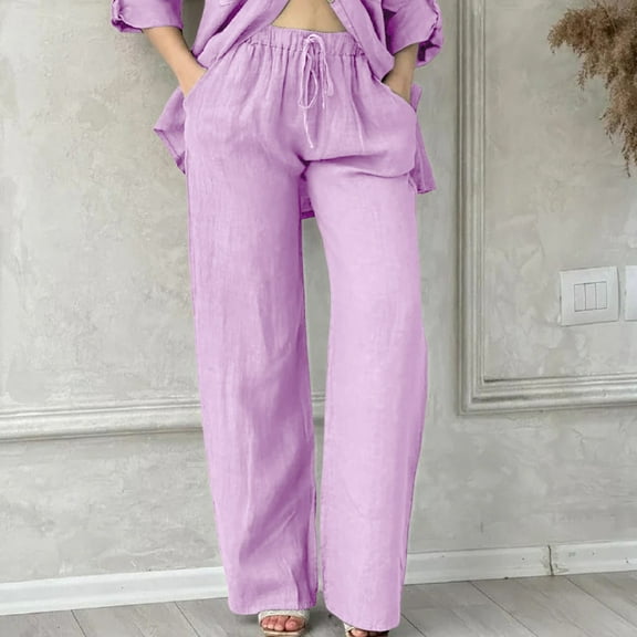 Pink Sweatpants Womens Daily Elastic Waist Pockets Straight Solid Color Casual Pants Loose Long Trousers