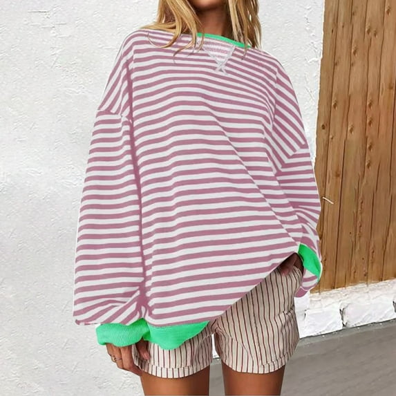 Pink Sweatshirt for Women's Casual Minimalist Striped Embroidered Patchwork with Color Insertions Round Neck Pullover and Bottom Hoodie Long Sleeved Women's Regular Women Fall Clothes