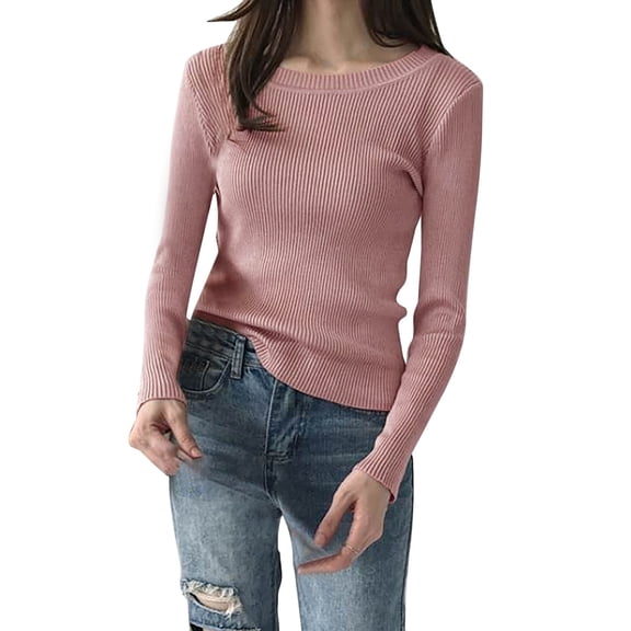 Pink Sweatshirt for Women's Spring and Autumn Leisure Slim Fit Loose Knitted Stripe Solid Color Long Sleeve Round Neck Pullover Thin Sweater Women Fall Clothes