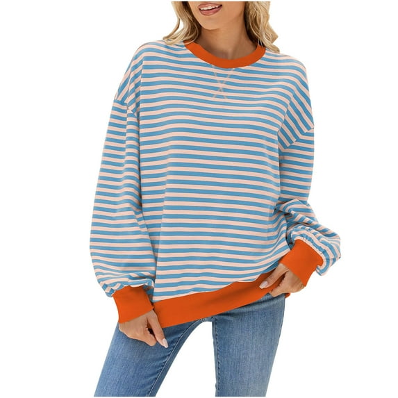 Pink Sweatshirt for Woman MIUOWANP Women's Fashionable Loose Casual Striped Color Blocking Long Sleeved Round Neck Top/shirt S Navy