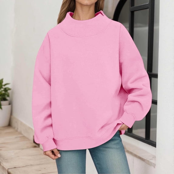 Pink Sweatshirt for Women Mock Neck Sweatshirt Women Fall Fashion Oversized Turtleneck Pullover Fleece Long Sleeve Sweatshirts Tops