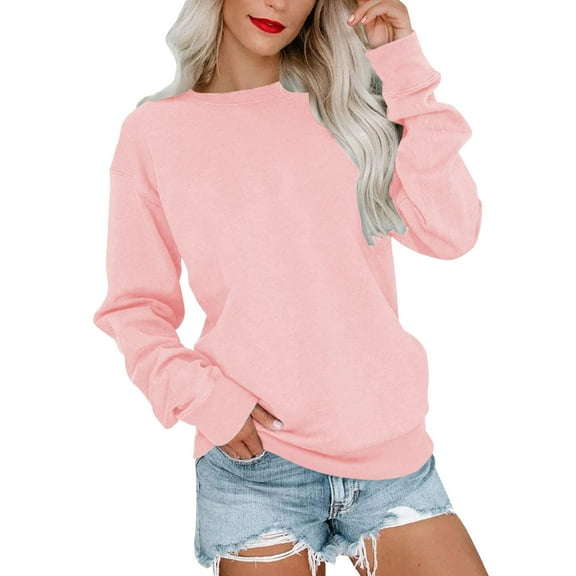 Pink Sweatshirt for Womens Casual Round Neck Sweatshirt Long Sleeve Top Cute Pullover Loose Version Pullover Sweater Women Fall Clothes