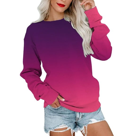 Pink Sweatshirt for Womens Casual Round Neck Sweatshirt Long Sleeve Top Gradient Pullover Loose Version Pullover Sweater Women Fall Clothes