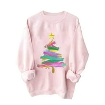 Pink Sweatshirts Women Christmas Outfits Crewneck Pullover Loose Long Sleeve Tops Xmas Tree Print Festive Clothes (XL, Pink 06)