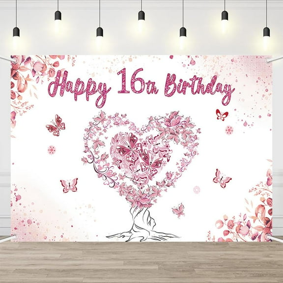 Pink Sweet 16 Birthday Backdrop Butterfly Heart Family Tree Girls Birthday Party Photography Background 16 Year Old Party Decorations Banner Photo Booth Props