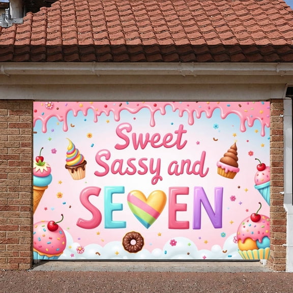 Pink Sweet 7th Banner Dessert Theme Birthday Backdrop Colorful Design Heart Shape Sweet Background for 7th Birthday Party Girls' Celebration Photo Backdrop