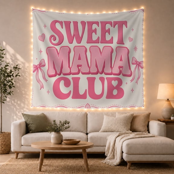 Pink Sweet Mama Club Typography on Cream Backdrop, Playful Illustration for Mom Lovers, Whimsical Wall Art Decor, Mother's Day Gift, Tapestry Wall Hanging for Bedroom and Living Room