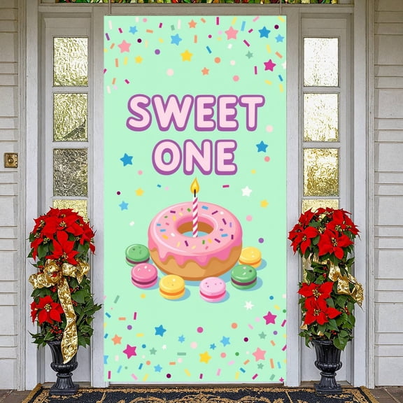 Pink Sweet One Banner Donut Macaron Backdrop Colorful Sprinkles Cartoon Display for 1st Birthday Party Girls' Birthday Celebration Indoor Photo Shoot