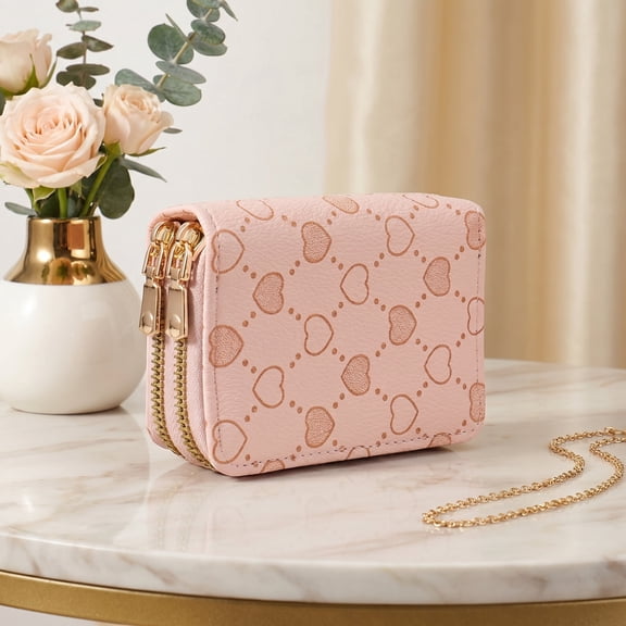 Pink SweetHeart Zip Mini Wallet – Compact Double-Zipper Card & Coin Holder