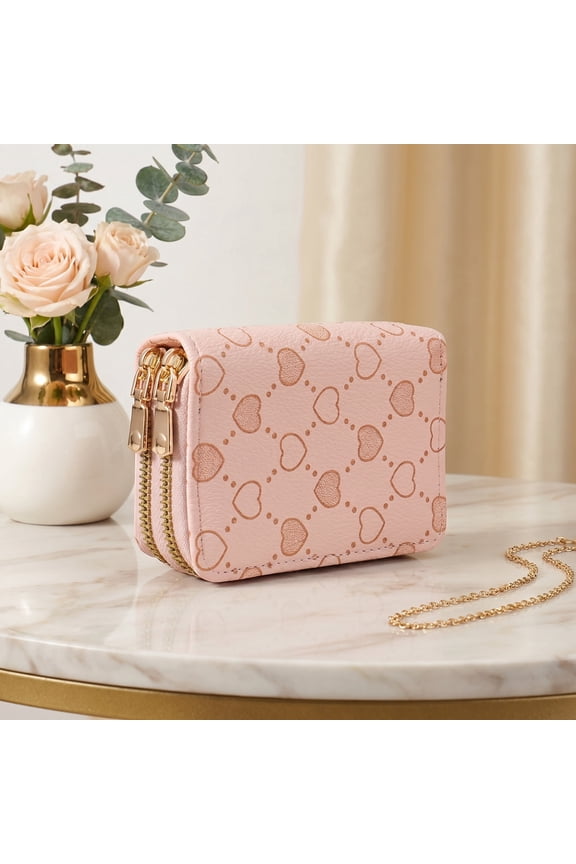 Pink SweetHeart Zip Mini Wallet – Compact Double-Zipper Card & Coin Holder