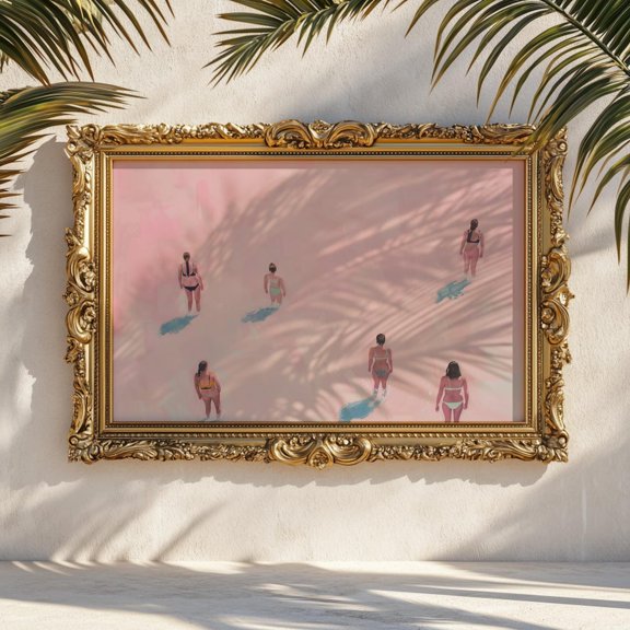 Pink Swimmers Wall Art Print Minimalist Beach Coastal Glam Pool Decor Vintage Style Summer Wall Art, Unframed Paper Print