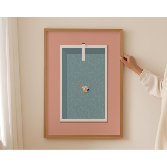 Pink Swimming Pool Woman Floating Art | Retro Swimming Pool Print | Pool House Summer Wall Poster, 24x36 UNFRAMED