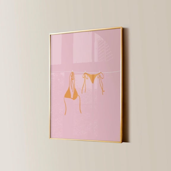 Pink Swimsuit Clothesline Wall Art Bikini Hanging Beachy Coastal Summer Aesthetic Decor, Unframed Canvas 12x16in