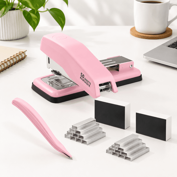 Pink Swing-Arm Swivel Desktop Stapler with Staple Remover, 50 Sheet Capacity