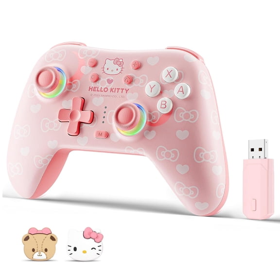 Pink Switch Controller,Hello Kitty Hall Effect Controllers Wireless for Switch 2/1/OLED/Lite,PC,Android,iOS | 2.4G Receiver + Bluetooth,1000mAh Battery,6-Axis Gyro,Dual Vibration,RGB Breathing Light