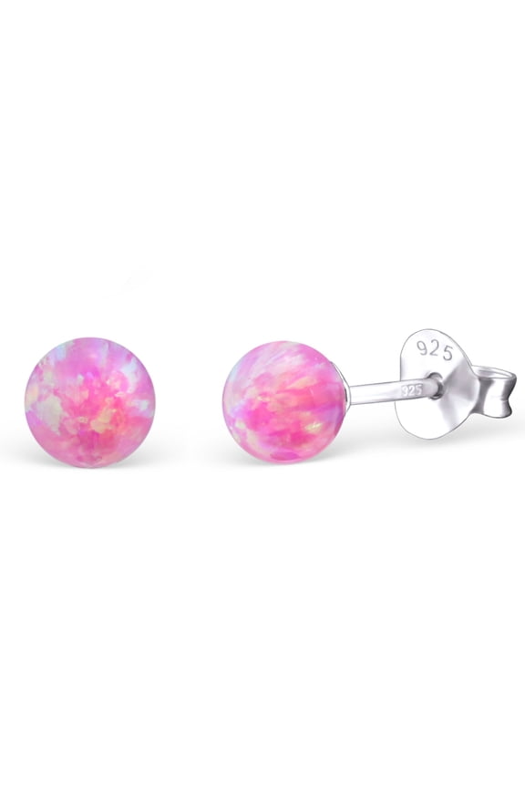 Pink Synthetic Opal Bead Stud Earrings 925 Sterling Silver