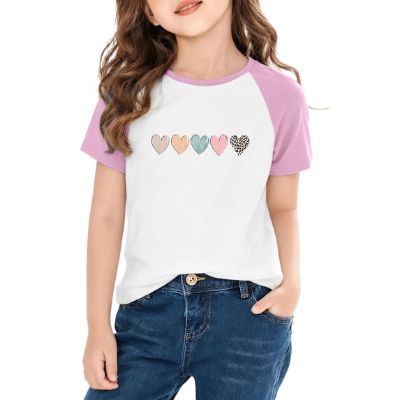 Pink T-Shirt for Girls 4-12Y, Cute Heart Print with Leopard Accent, Soft Polyester Spandex Raglan Sleeve Casual Tee (Size 110-170),Size 9 T