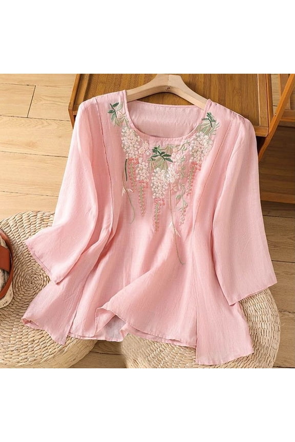 Pink T Shirts for Women's Loose Cotton Elegant Summer Five Part Sleeve Top 2026 Literary Retro Round Neck Embroidered Shirt Women's Short Sleeve T Shirt Fashion Clothing