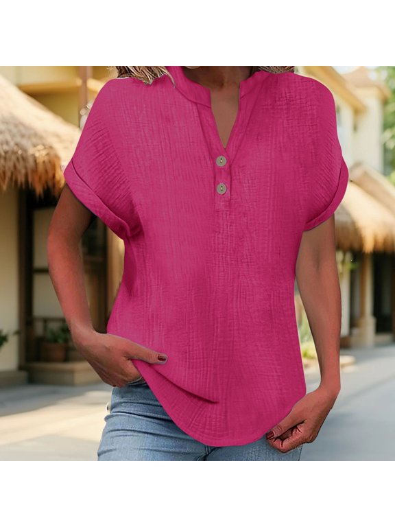 Pink T Shirts for Women's Fashionable and Casual Solid Color V Neck Wrinkle Cloth Button Short Sleeve Rolled Up T Shirt Top Fashion Clothing