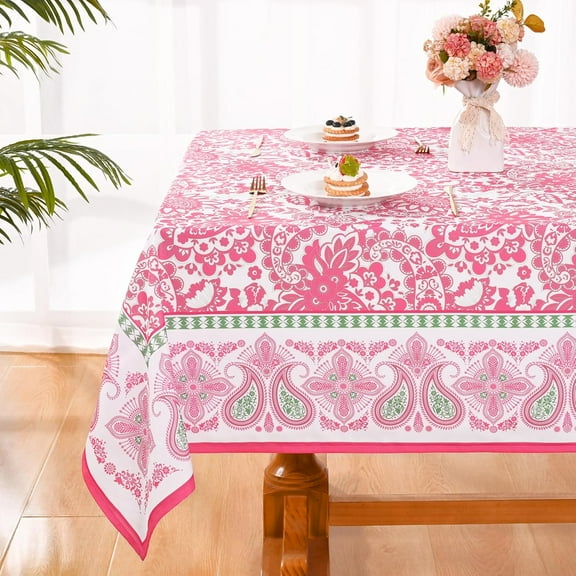 Pink Table Cloth Rectangle Table 60 X 84 Inch, Spring Summer Table Clothes for 6 Foot Rectangle Tables, Outdoor Paisley Rectangular Tablecloth, Waterproof Oblong Polyester Tablecloths