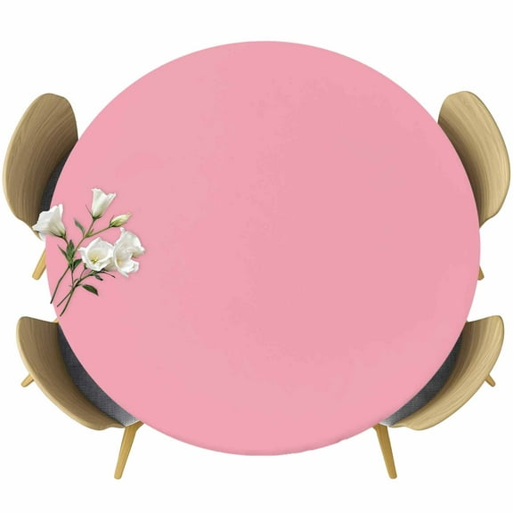 Pink Table Cloth, Round Fitted Tablecloths with Elastic Edge, Pure Pink Wipeable Waterproof Table Cover for Kitchen Wedding 55-60 Inches