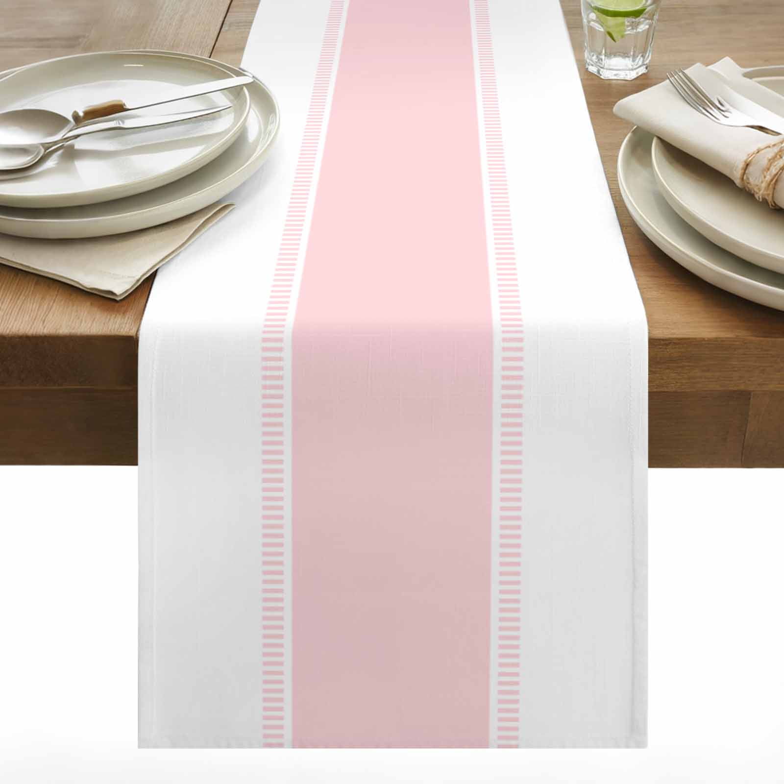 Pink Table Runner 13x120 inch Stripe Cotton Linen Dining Table Runner Ideal for Dresser Kitchen Coffee Tables - Machine Washable