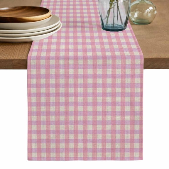 Pink Table Runner, Grid Checkered Plaid Gingham Lattice Trellis Washable Cotton Linen Table Runners 36 Inches Long, Dresser Scarf Runner for Nightstand/End Tables/Round Tables 13''x36''