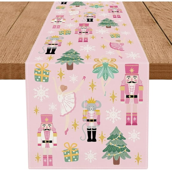 Pink Table Runner Pastel Christmas Nutcracker Table Runners Seasonal Kitchen Dining Table Decoration for Winter Home Party Banquet Decor 13x72 Inch