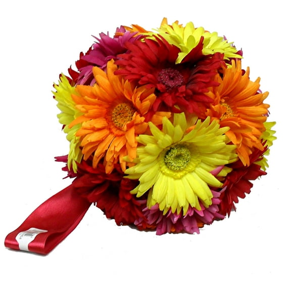 Pink Tangerine Red Daisy 9in Artificial Polysilk Faux Fake Flower Kissing Ball for Craft Home Bouquet Arrangement Ceremony Wedding Arch Floral Wall Aisle Decor (Yellow Fuchsia Orange Red, One each)