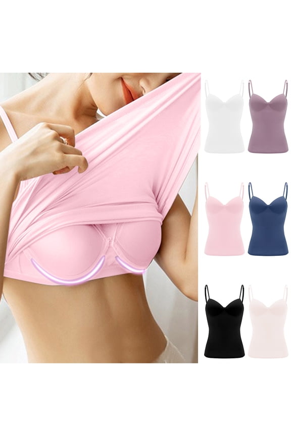 Pink Tank Top for Women Built In Bra Polyester,Spandex Padded Camisole Adjustable Spaghetti Strap Summer Basic Sleepwear Workout Cami Top L