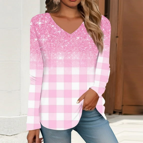 Pink Tank Tops for Women, Long Sleeve Spring Tops for Women 2024, Polyester Tshirts Shirts for Women Graphic, Women's Long Sleeved V Neck Floral And Plant Printed Casual Fashion T Shirt Top