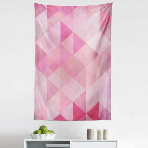 Pink Tapestry, Abstract Vintage Triangles Mosaic Grid Style Graphic Pattern Design Image Print, Fabric Wall Hanging Decor for Bedroom Living Room Dorm, 5 Sizes, Pink, by Ambesonne