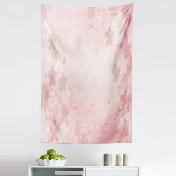 Pink Tapestry, Cherry Blossoms Pattern in Shabby Form Style Flourish Themed Art Print, Fabric Wall Hanging Decor for Bedroom Living Room Dorm, 5 Sizes, Pink, by Ambesonne